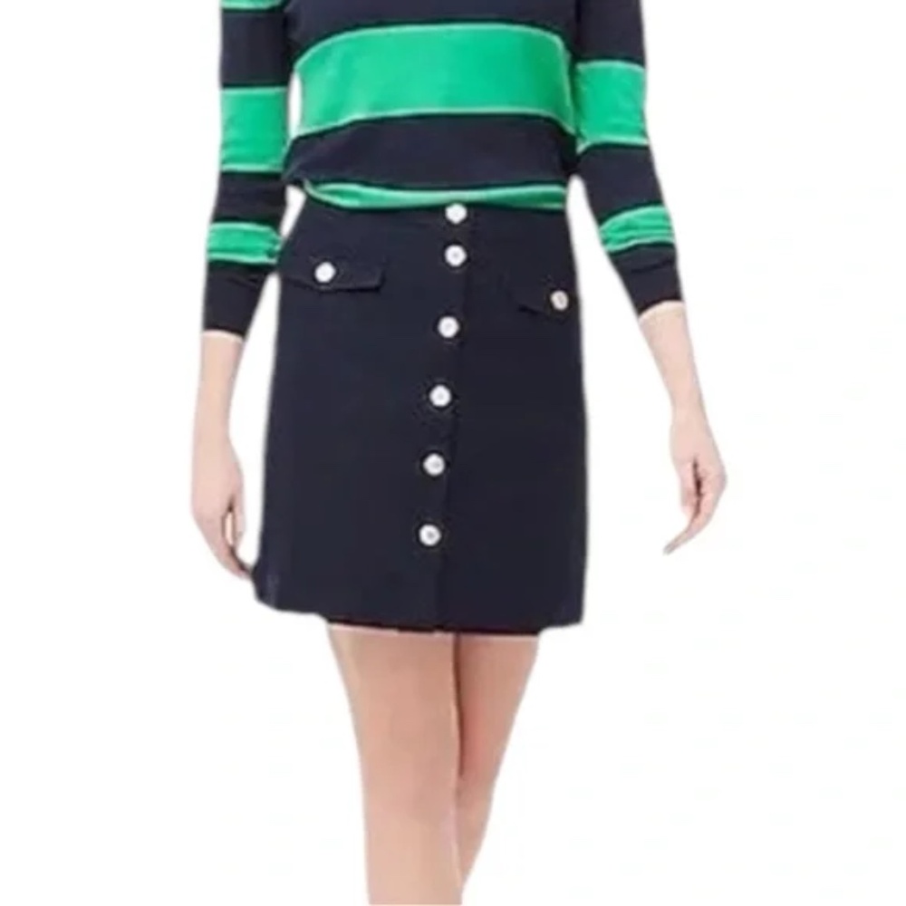 J Crew Factory Navy Blue Linen Blend A-Line Knee Length Button Pocket Skirt